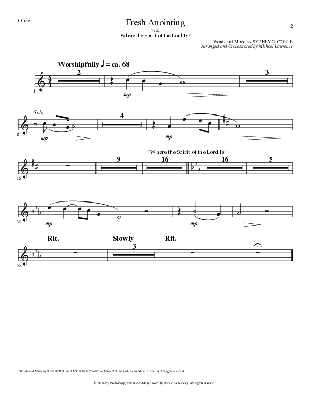 Fresh Anointing with Where The Spirit Of The Lord Is (Choral Anthem SATB) Oboe (Lillenas Choral / Arr. Michael Lawrence)