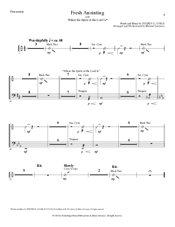Fresh Anointing with Where The Spirit Of The Lord Is (Choral Anthem SATB) Percussion (Lillenas Choral / Arr. Michael Lawrence)