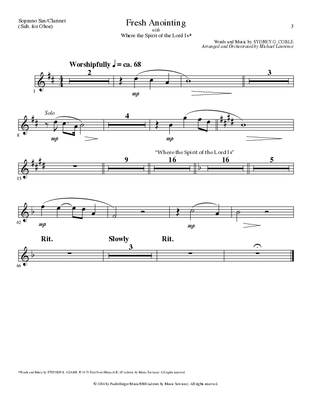 Fresh Anointing with Where The Spirit Of The Lord Is (Choral Anthem SATB) Soprano Sax (Lillenas Choral / Arr. Michael Lawrence)