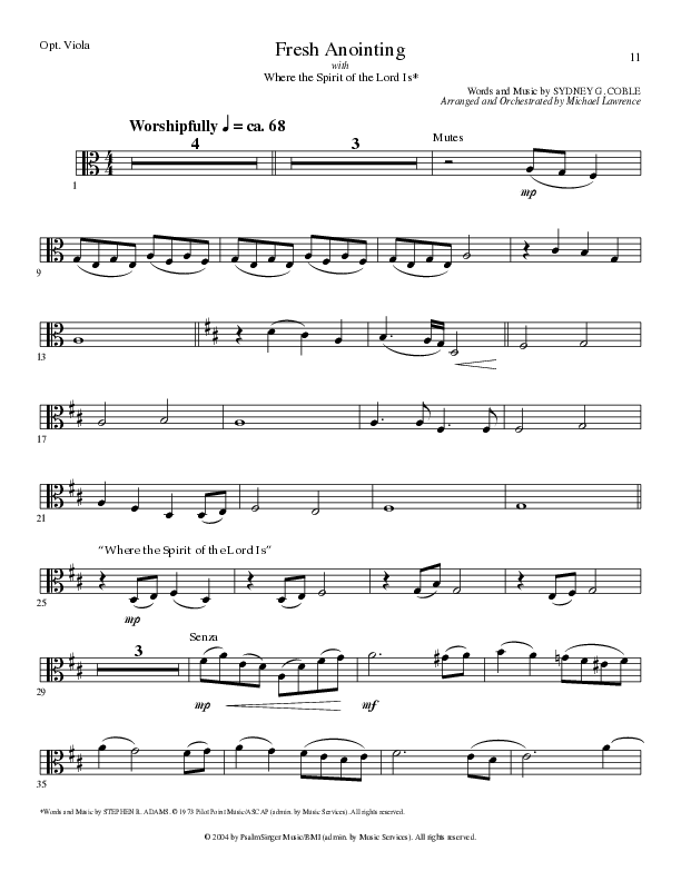 Fresh Anointing with Where The Spirit Of The Lord Is (Choral Anthem SATB) Viola (Lillenas Choral / Arr. Michael Lawrence)