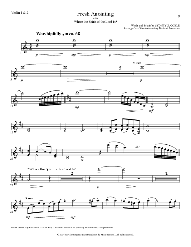 Fresh Anointing with Where The Spirit Of The Lord Is (Choral Anthem SATB) Violin 1/2 (Lillenas Choral / Arr. Michael Lawrence)