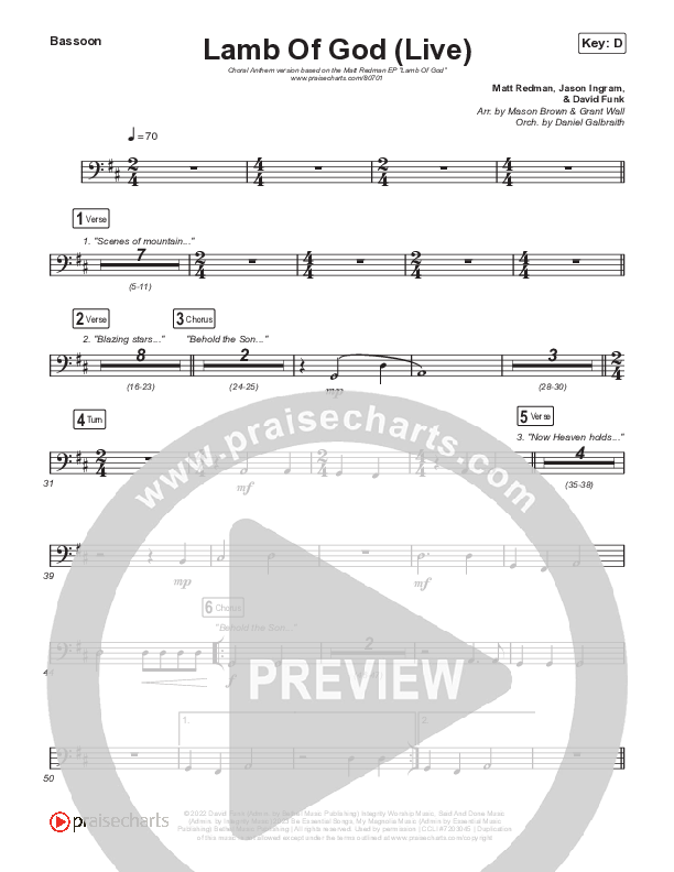 Lamb Of God (Choral Anthem SATB) Bassoon (Matt Redman / David Funk / Arr. Mason Brown)