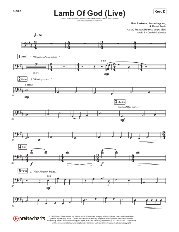 Lamb Of God (Choral Anthem SATB) Cello (Matt Redman / David Funk / Arr. Mason Brown)