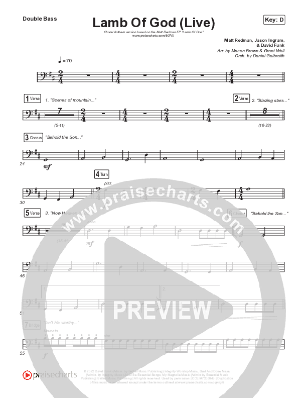 Lamb Of God (Choral Anthem SATB) String Bass (Matt Redman / David Funk / Arr. Mason Brown)