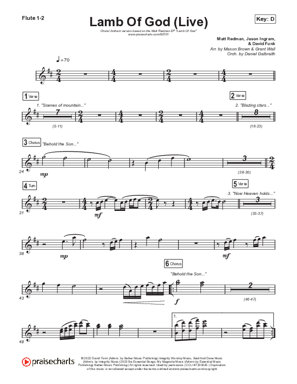 Lamb Of God (Choral Anthem SATB) Flute 1,2 (Matt Redman / David Funk / Arr. Mason Brown)