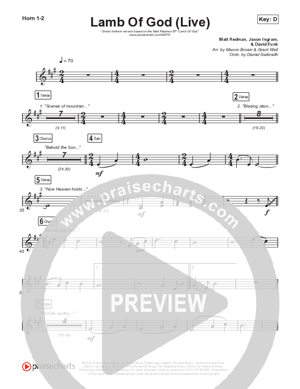Lamb Of God (Choral Anthem SATB) French Horn 1,2 (Matt Redman / David Funk / Arr. Mason Brown)