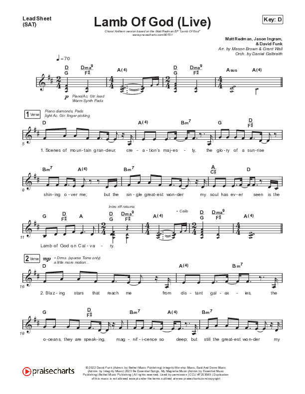 Lamb Of God (Choral Anthem SATB) Lead Sheet (SAT) (Matt Redman / David Funk / Arr. Mason Brown)