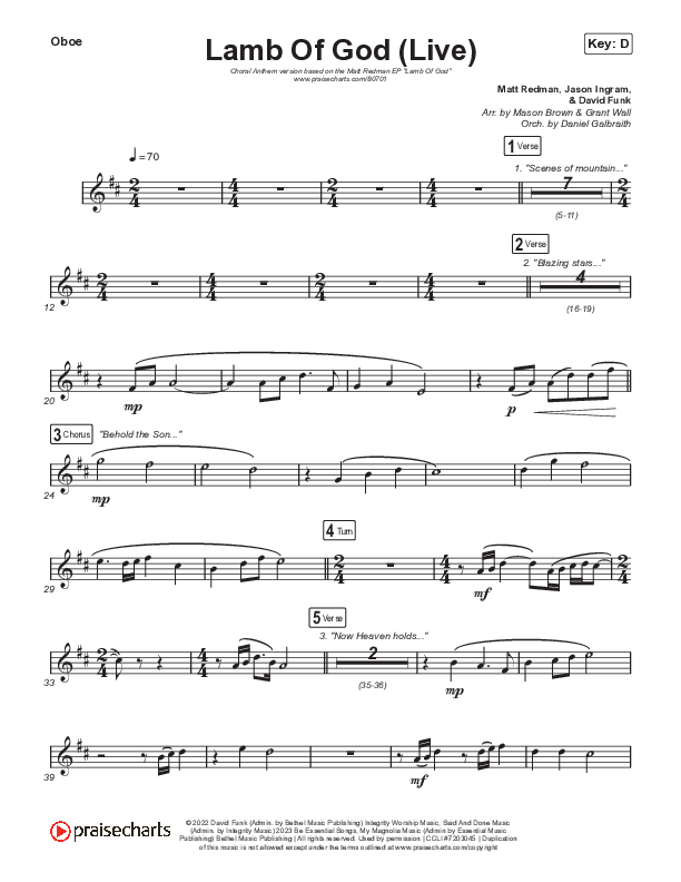 Lamb Of God (Choral Anthem SATB) Oboe (Matt Redman / David Funk / Arr. Mason Brown)