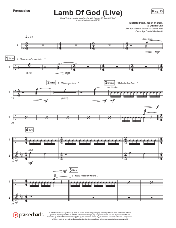 Lamb Of God (Choral Anthem SATB) Percussion (Matt Redman / David Funk / Arr. Mason Brown)