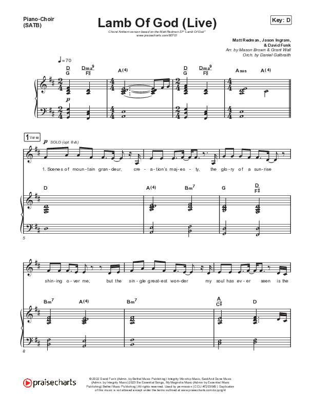 Lamb Of God (Choral Anthem SATB) Piano/Vocal (SATB) (Matt Redman / David Funk / Arr. Mason Brown)