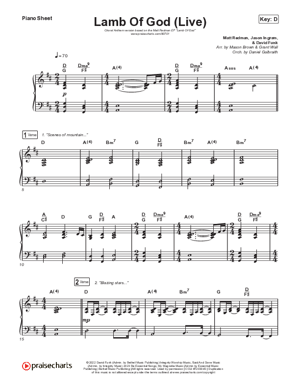 Lamb Of God (Choral Anthem SATB) Piano Sheet (Matt Redman / David Funk / Arr. Mason Brown)