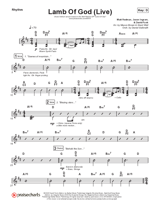 Lamb Of God (Choral Anthem SATB) Rhythm Chart (Matt Redman / David Funk / Arr. Mason Brown)
