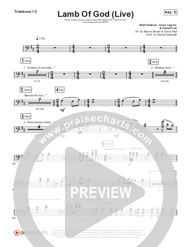 Lamb Of God (Choral Anthem SATB) Trombone 1,2 (Matt Redman / David Funk / Arr. Mason Brown)