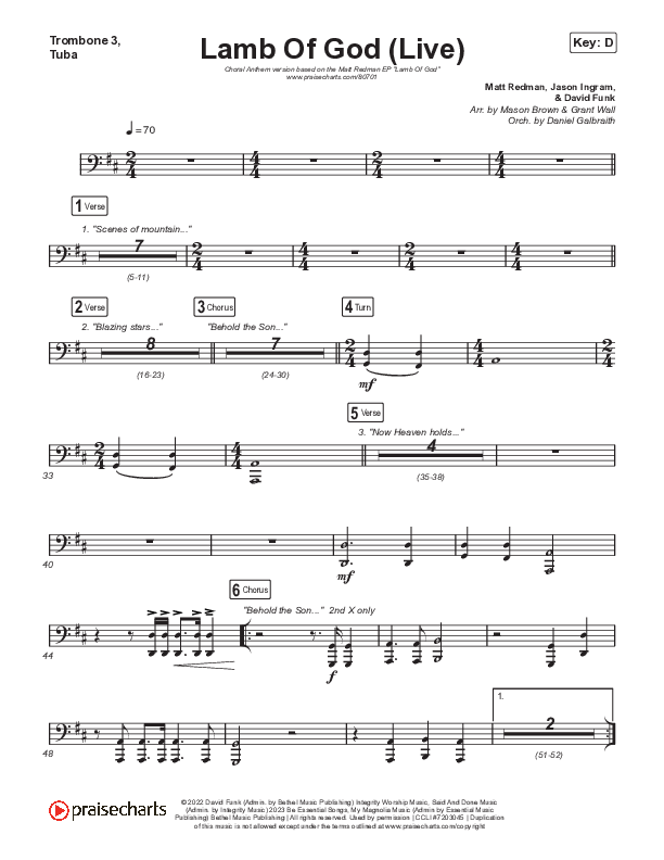 Lamb Of God (Choral Anthem SATB) Trombone 1,2 (Matt Redman / David Funk / Arr. Mason Brown)