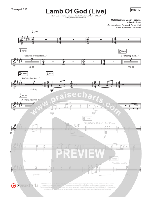 Lamb Of God (Choral Anthem SATB) Trumpet 1,2 (Matt Redman / David Funk / Arr. Mason Brown)