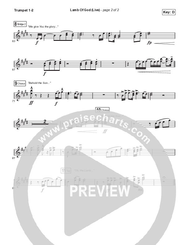 Lamb Of God (Choral Anthem SATB) Trumpet 1,2 (Matt Redman / David Funk / Arr. Mason Brown)