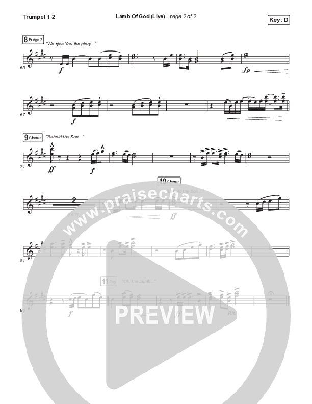 Lamb Of God (Choral Anthem SATB) Trumpet 1,2 (Matt Redman / David Funk / Arr. Mason Brown)