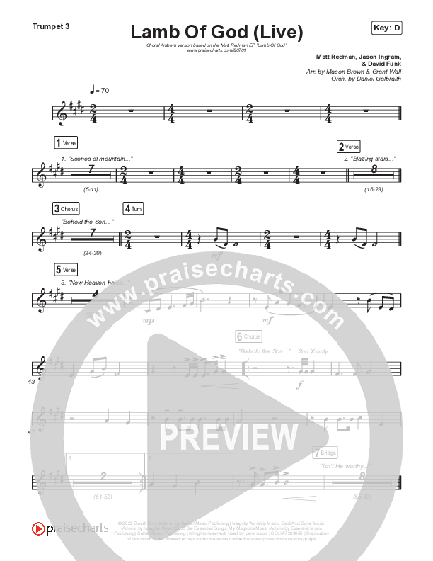 Lamb Of God (Choral Anthem SATB) Trumpet 3 (Matt Redman / David Funk / Arr. Mason Brown)
