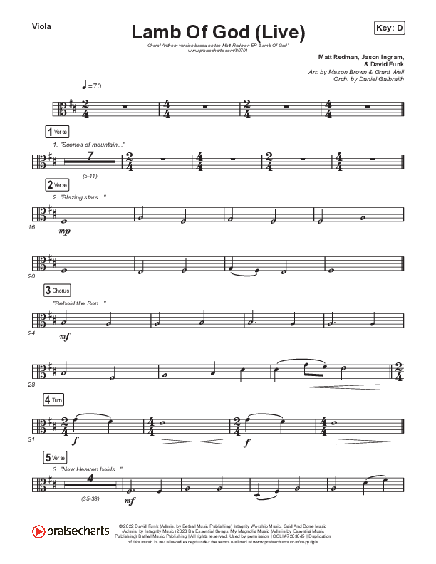 Lamb Of God (Choral Anthem SATB) Viola (Matt Redman / David Funk / Arr. Mason Brown)