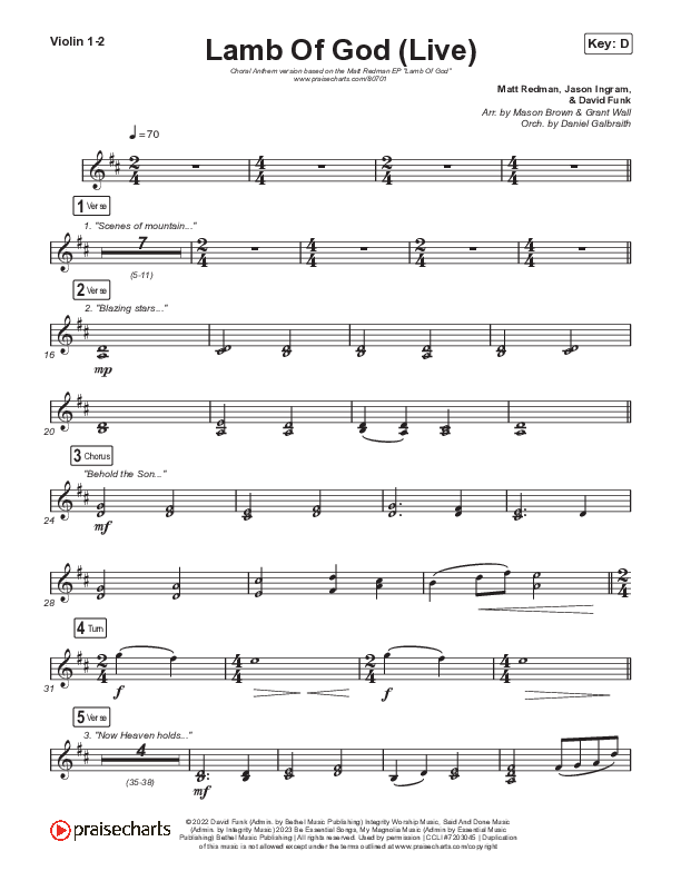 Lamb Of God (Choral Anthem SATB) Violin 1,2 (Matt Redman / David Funk / Arr. Mason Brown)