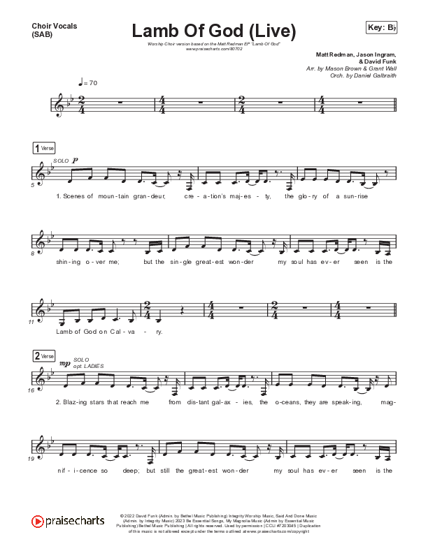 Lamb Of God (Worship Choir/SAB) Choir Sheet (SAB) (Matt Redman / David Funk / Arr. Mason Brown)
