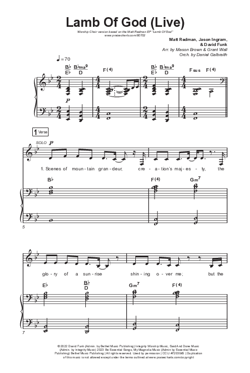 Lamb Of God (Worship Choir/SAB) Octavo (SAB & Pno) (Matt Redman / David Funk / Arr. Mason Brown)