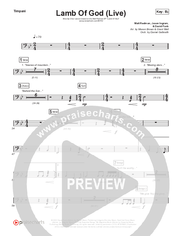 Lamb Of God (Worship Choir/SAB) Timpani (Matt Redman / David Funk / Arr. Mason Brown)