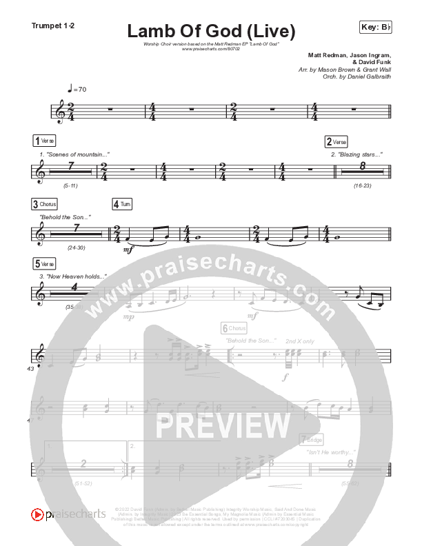 Lamb Of God (Worship Choir/SAB) Trumpet 1,2 (Matt Redman / David Funk / Arr. Mason Brown)