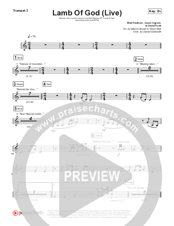 Lamb Of God (Worship Choir/SAB) Trumpet 3 (Matt Redman / David Funk / Arr. Mason Brown)