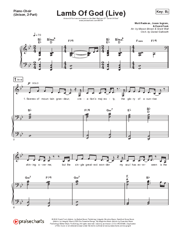 Lamb Of God (Unison/2-Part) Piano/Choir  (Uni/2-Part) (Matt Redman / David Funk / Arr. Mason Brown)