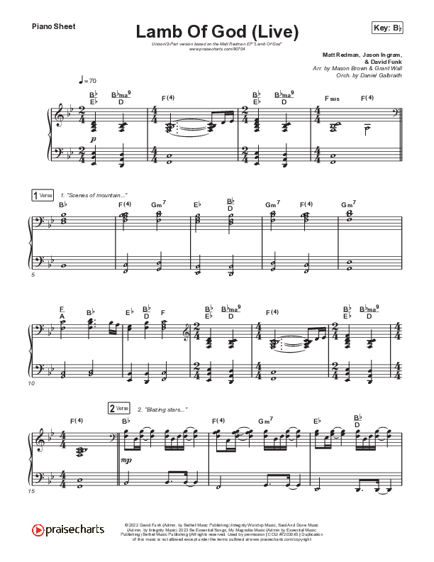 Lamb Of God (Unison/2-Part) Piano Sheet (Matt Redman / David Funk / Arr. Mason Brown)
