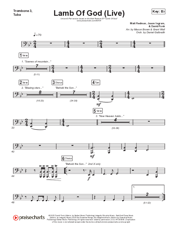 Lamb Of God (Unison/2-Part) Trombone 3/Tuba (Matt Redman / David Funk / Arr. Mason Brown)