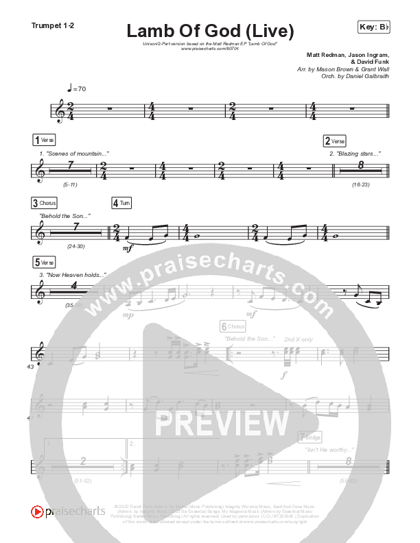 Lamb Of God (Unison/2-Part) Trumpet 1,2 (Matt Redman / David Funk / Arr. Mason Brown)
