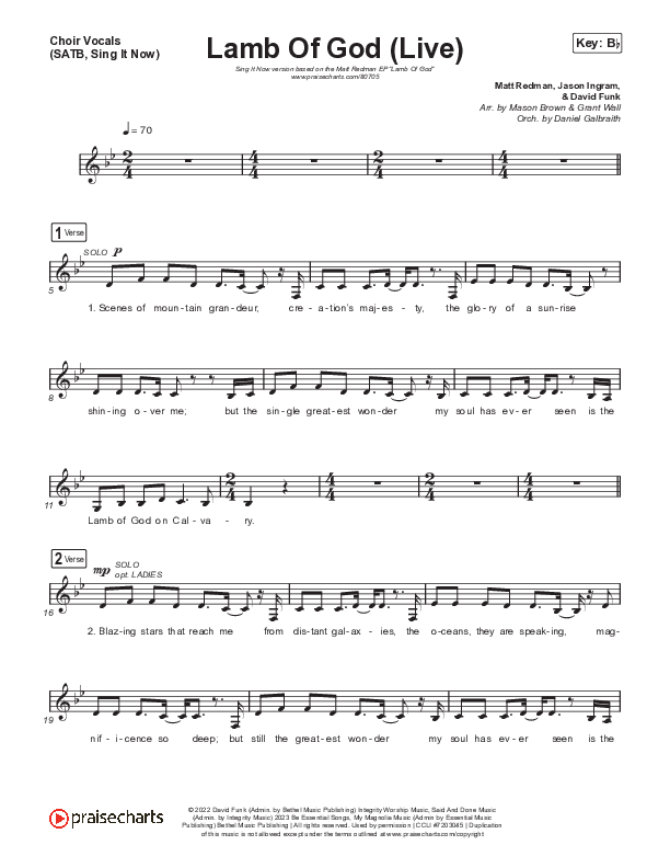 Lamb Of God (Sing It Now) Choir Sheet (SATB) (Matt Redman / David Funk / Arr. Mason Brown)