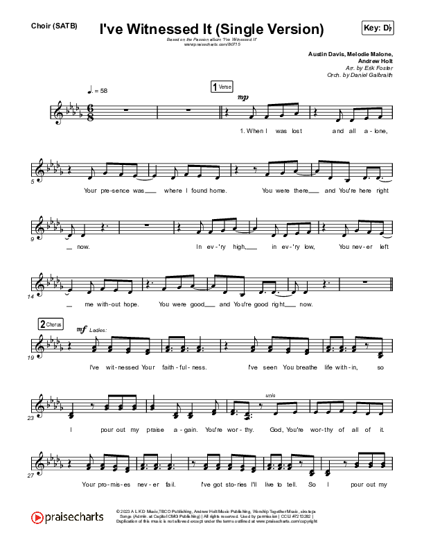 I've Witnessed It (Single) Choir Sheet (SATB) (Passion / Melodie Malone)