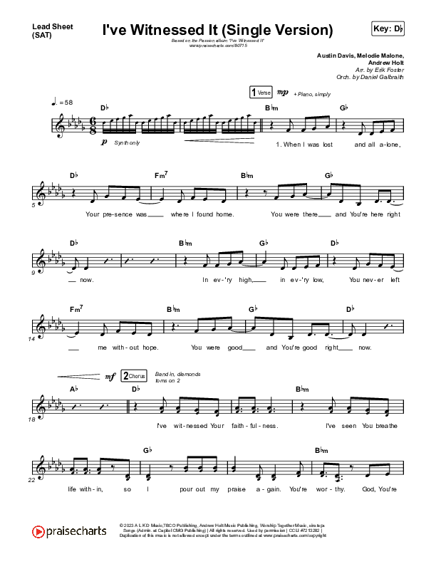 I've Witnessed It (Single) Lead Sheet (SAT) (Passion / Melodie Malone)