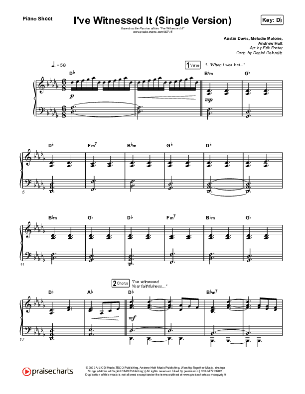 I've Witnessed It (Single) Piano Sheet (Passion / Melodie Malone)
