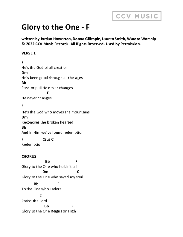 Glory To The One Chord Chart (CCV Music / Watoto)