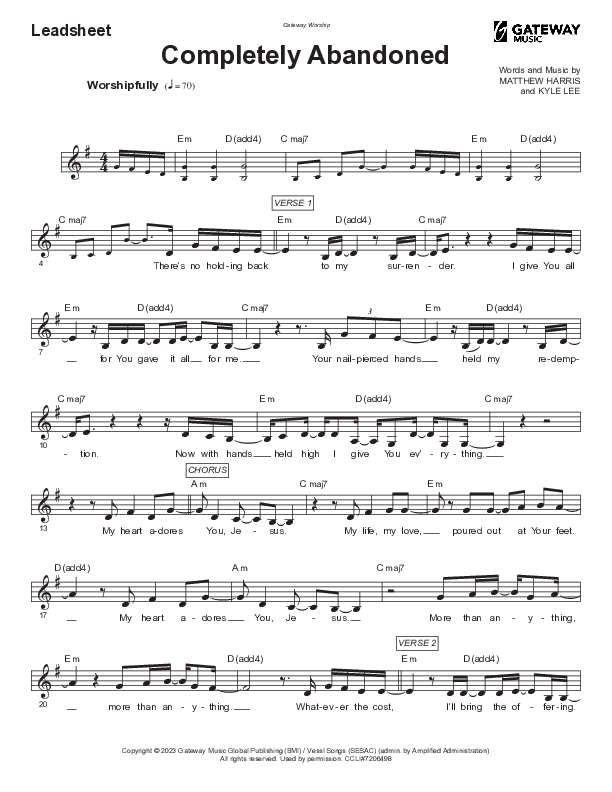 Completely Abandoned Lead Sheet Melody (Gateway Worship)