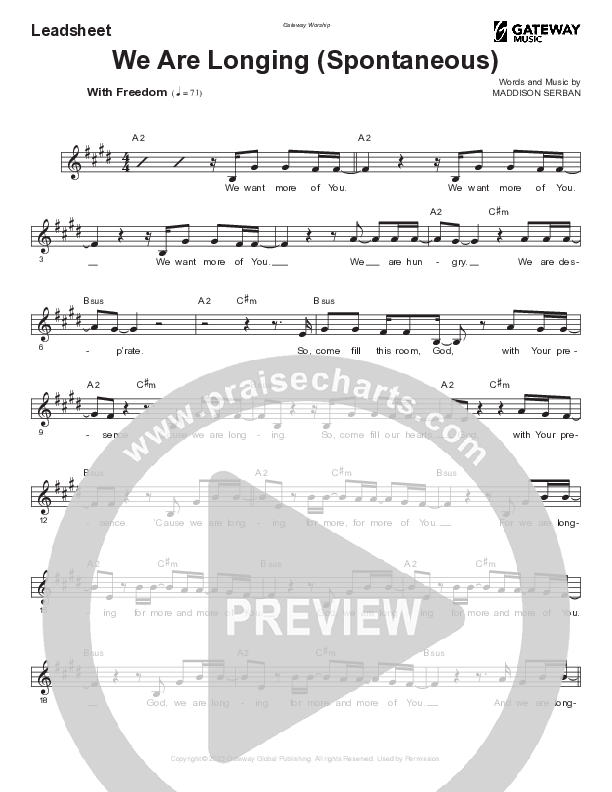 We Are Longing (Spontaneous) Lead Sheet Melody (Gateway Worship)