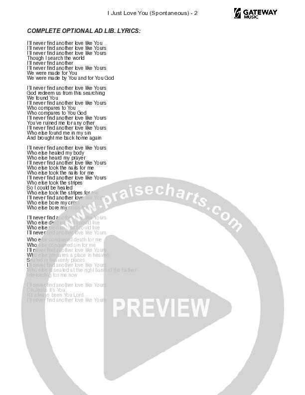 I Just Love You (Spontaneous) Chord Chart (Gateway Worship)