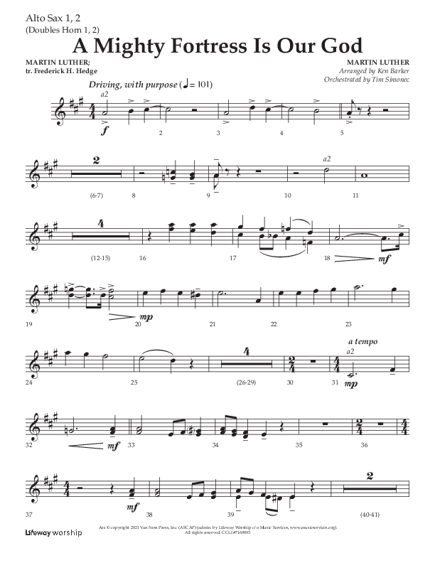 A Mighty Fortress Is Our God (Choral Anthem SATB) Alto Sax 1/2 (Lifeway Choral / Arr. Ken Barker)