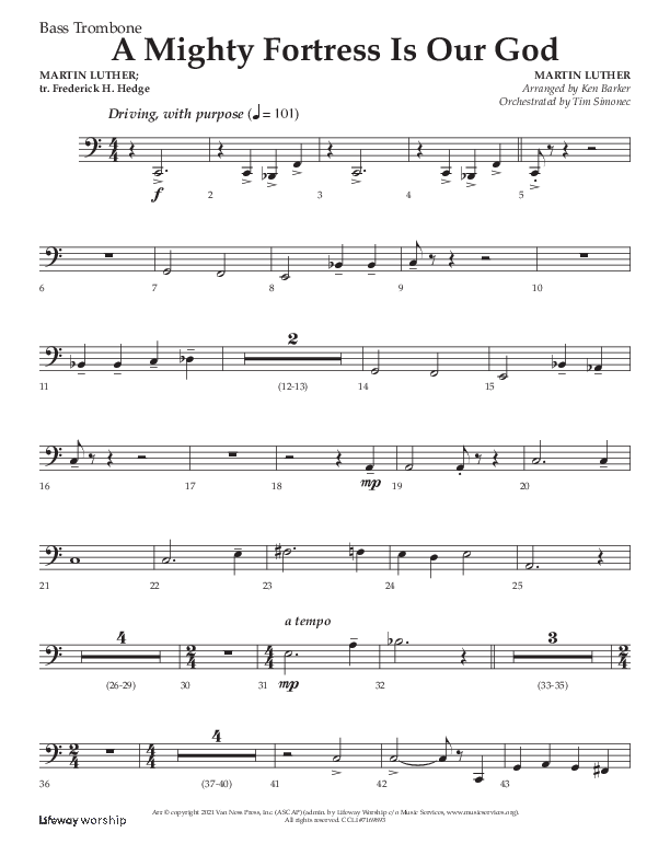 A Mighty Fortress Is Our God (Choral Anthem SATB) Bass Trombone (Lifeway Choral / Arr. Ken Barker)