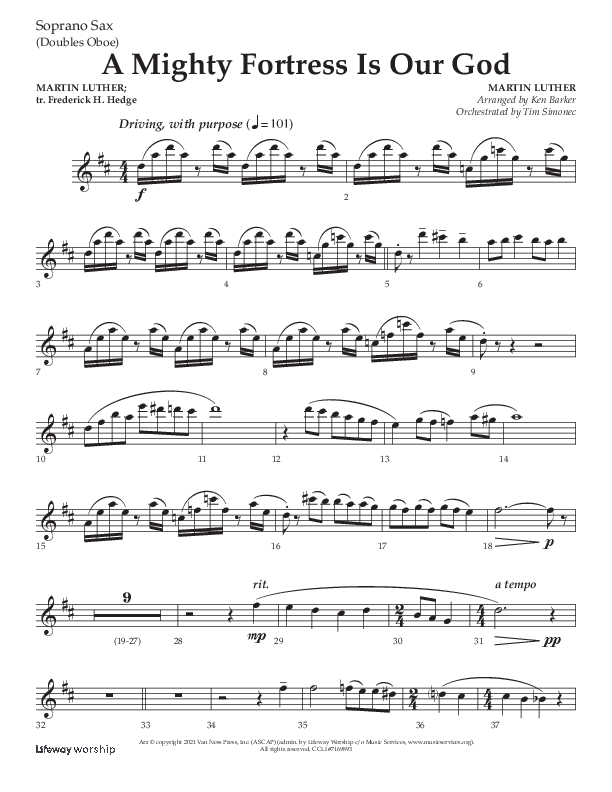 A Mighty Fortress Is Our God (Choral Anthem SATB) Soprano Sax (Lifeway Choral / Arr. Ken Barker)