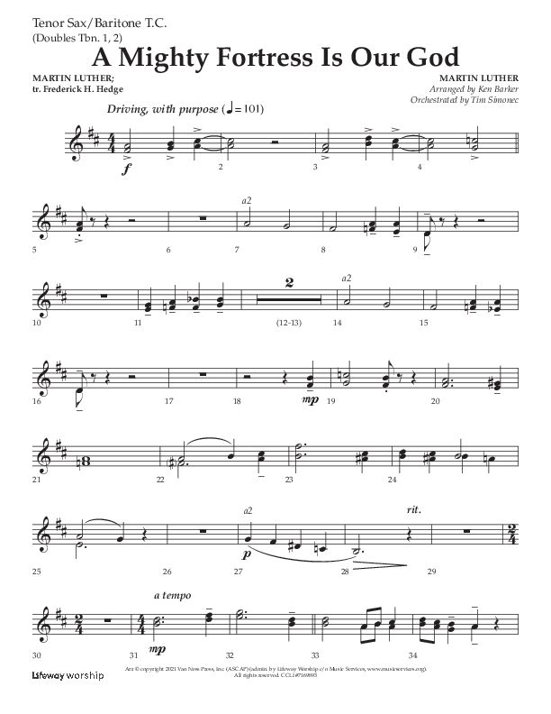 A Mighty Fortress Is Our God (Choral Anthem SATB) Tenor Sax/Baritone T.C. (Lifeway Choral / Arr. Ken Barker)