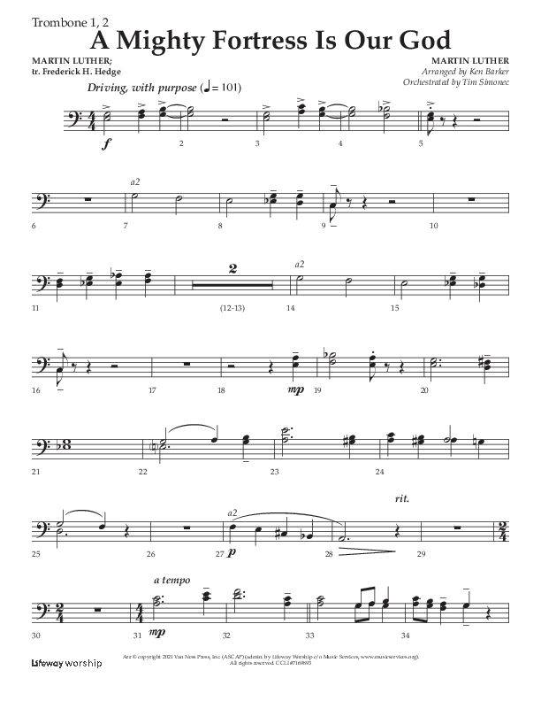 A Mighty Fortress Is Our God (Choral Anthem SATB) Trombone 1/2 (Lifeway Choral / Arr. Ken Barker)