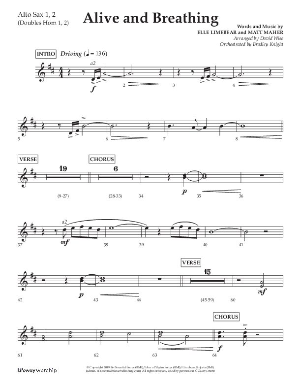 Alive And Breathing (Choral Anthem SATB) Alto Sax 1/2 (Lifeway Choral / Arr. David Wise)