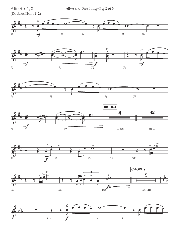 Alive And Breathing (Choral Anthem SATB) Alto Sax 1/2 (Lifeway Choral / Arr. David Wise)