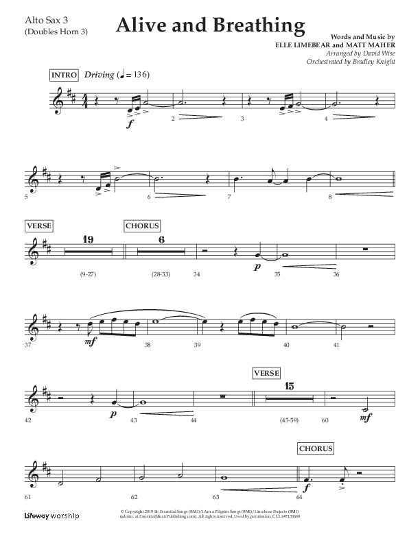 Alive And Breathing (Choral Anthem SATB) Alto Sax (Lifeway Choral / Arr. David Wise)