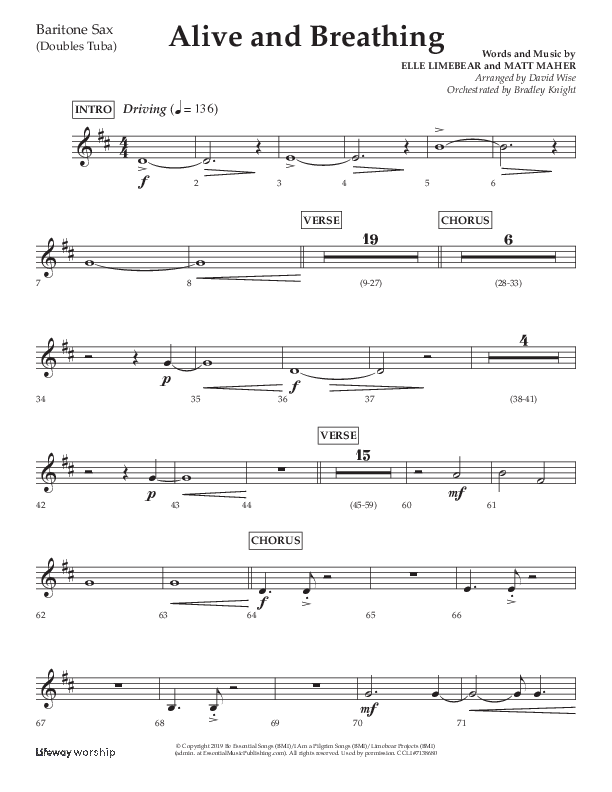 Alive And Breathing (Choral Anthem SATB) Bari Sax (Lifeway Choral / Arr. David Wise)